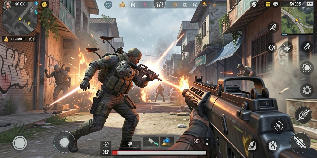 Screenshot gameplay 66K yang menampilkan aksi tembak-menembak yang mendebarkan.