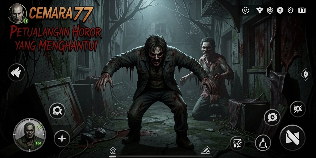 Tampilan gameplay CEMARA77 dengan suasana horor yang mendalam.