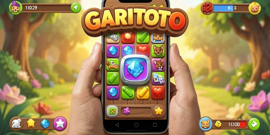 Screenshot menunjukkan gameplay seru GARITOTO dengan objek berwarna-warni.