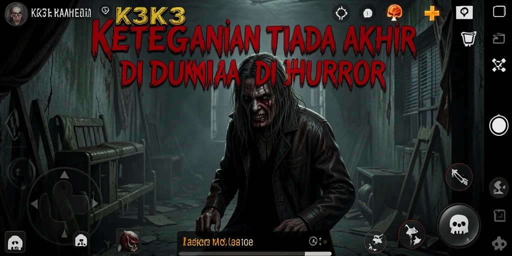 Screenshot gameplay K3K3 menampilkan suasana horror yang menyeramkan.