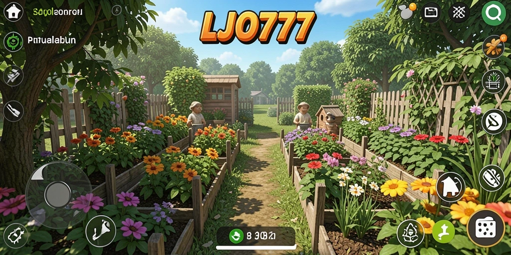 Tangkapan layar dari gameplay LJO777 yang menampilkan kebun yang subur.