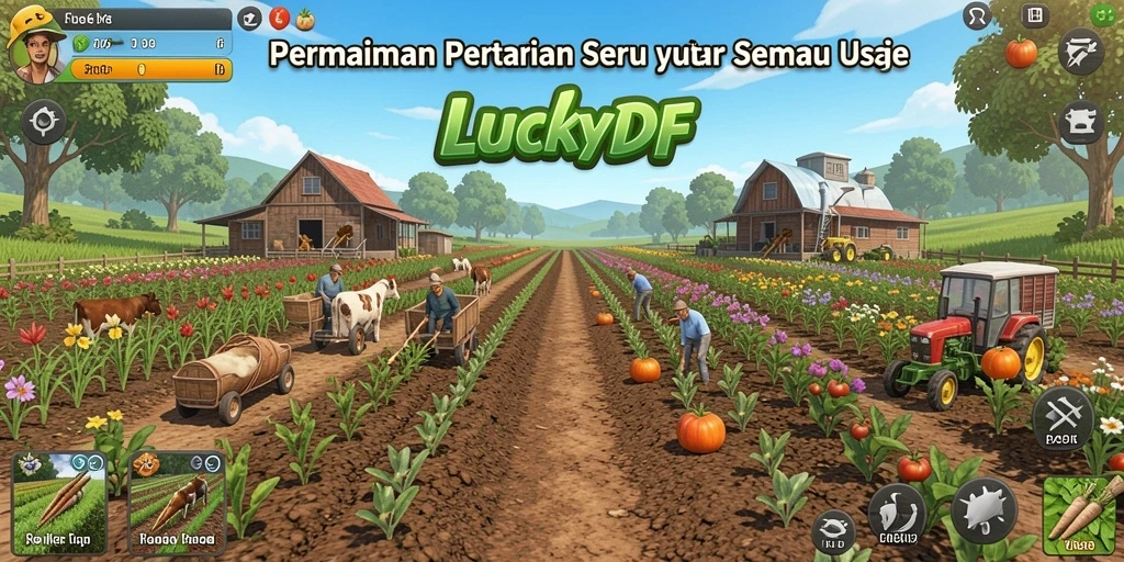 Tangkapan layar utama LUCKYDF menampilkan kebun yang subur dan aktivitas bertani.