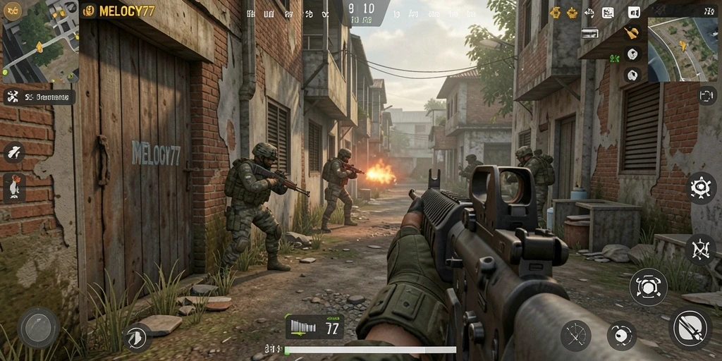 Screenshot gameplay MELODY77 menampilkan aksi tembak-menembak yang seru.