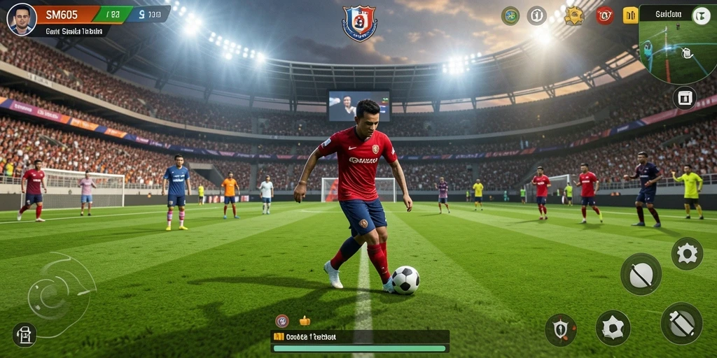 Tampilan gameplay seru dari SM605 dengan aksi sepak bola mendebarkan.
