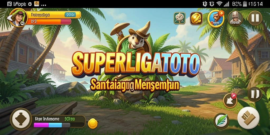 Tampilan gameplay SUPERLIGATOTO yang cerah dan mengasyikkan.