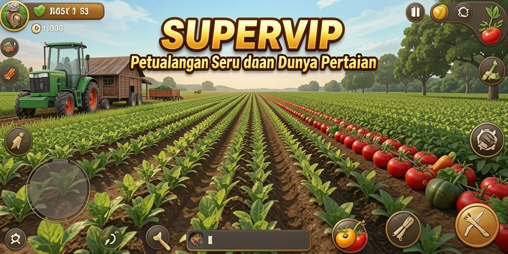 Tampilan menarik dari gameplay <strong>SUPERVIP</strong> yang menampilkan ladang dan hewan ternak.